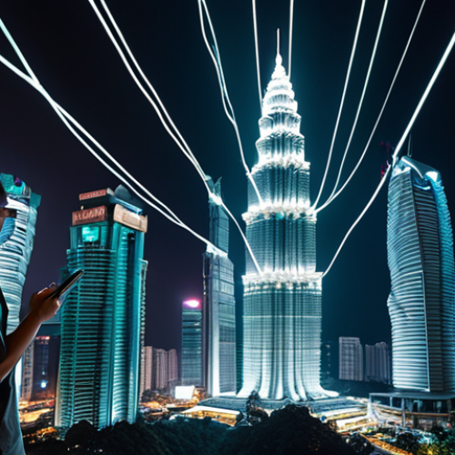 Home 19 **
A futuristic cityscape of Kuala Lumpur at night, with glowing fiber optic cables representing quantum communication networks connecting iconic buildings like the Petronas Towers. In the foreground, a diverse group of Malaysian scientists and engineers are collaborating on holographic displays showing quantum encryption algorithms. The overall feel is high-tech, secure, and innovative.
**