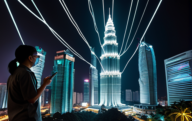 **
A futuristic cityscape of Kuala Lumpur at night, with glowing fiber optic cables representing quantum communication networks connecting iconic buildings like the Petronas Towers. In the foreground, a diverse group of Malaysian scientists and engineers are collaborating on holographic displays showing quantum encryption algorithms. The overall feel is high-tech, secure, and innovative.
**