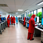 **Ransomware Attack on a Malaysian Hospital:** A chaotic scene inside a modern Malaysian hospital. Computers display ransom messages, stressed-looking doctors and nurses are scrambling, and patient files are locked. The overall mood is urgent and panicked. Perhaps include a "Ringgit Malaysia" symbol subtly.
