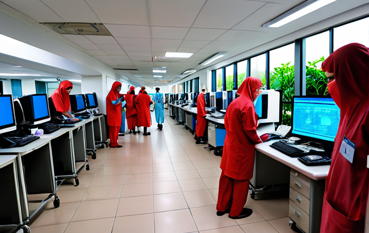 **Ransomware Attack on a Malaysian Hospital:** A chaotic scene inside a modern Malaysian hospital. Computers display ransom messages, stressed-looking doctors and nurses are scrambling, and patient files are locked. The overall mood is urgent and panicked. Perhaps include a "Ringgit Malaysia" symbol subtly.